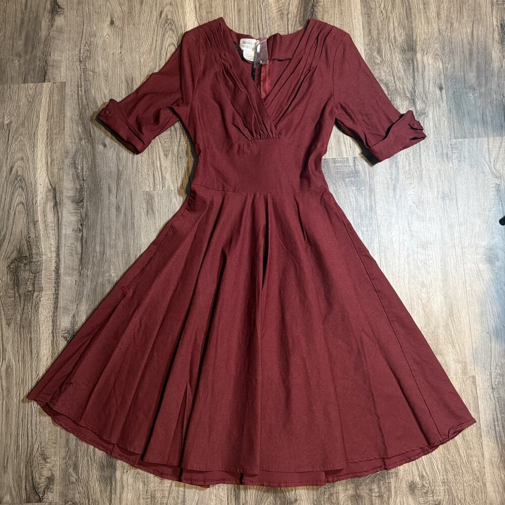NWT Unique Vintage Burgundy Fit & Flare Dress Retro Pinup Swing Midi Sz L 10/12 - Picture 2 of 11